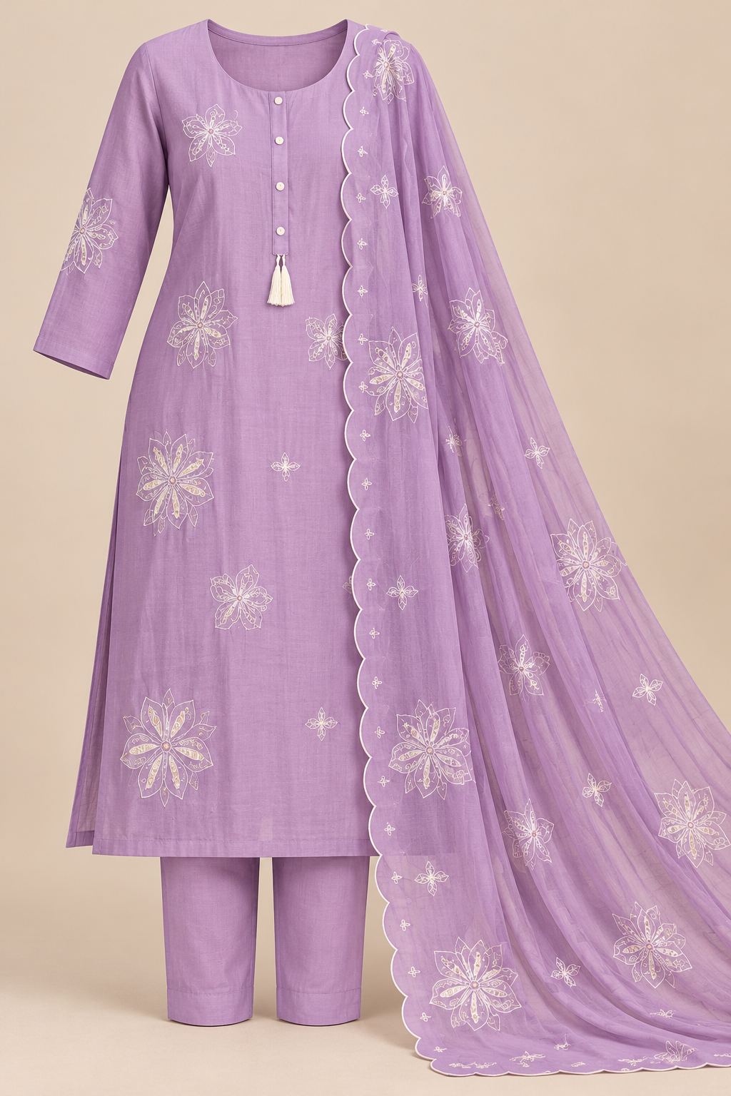 Zeravelle Lavender Embroidered Mul Crepe Churidar Set