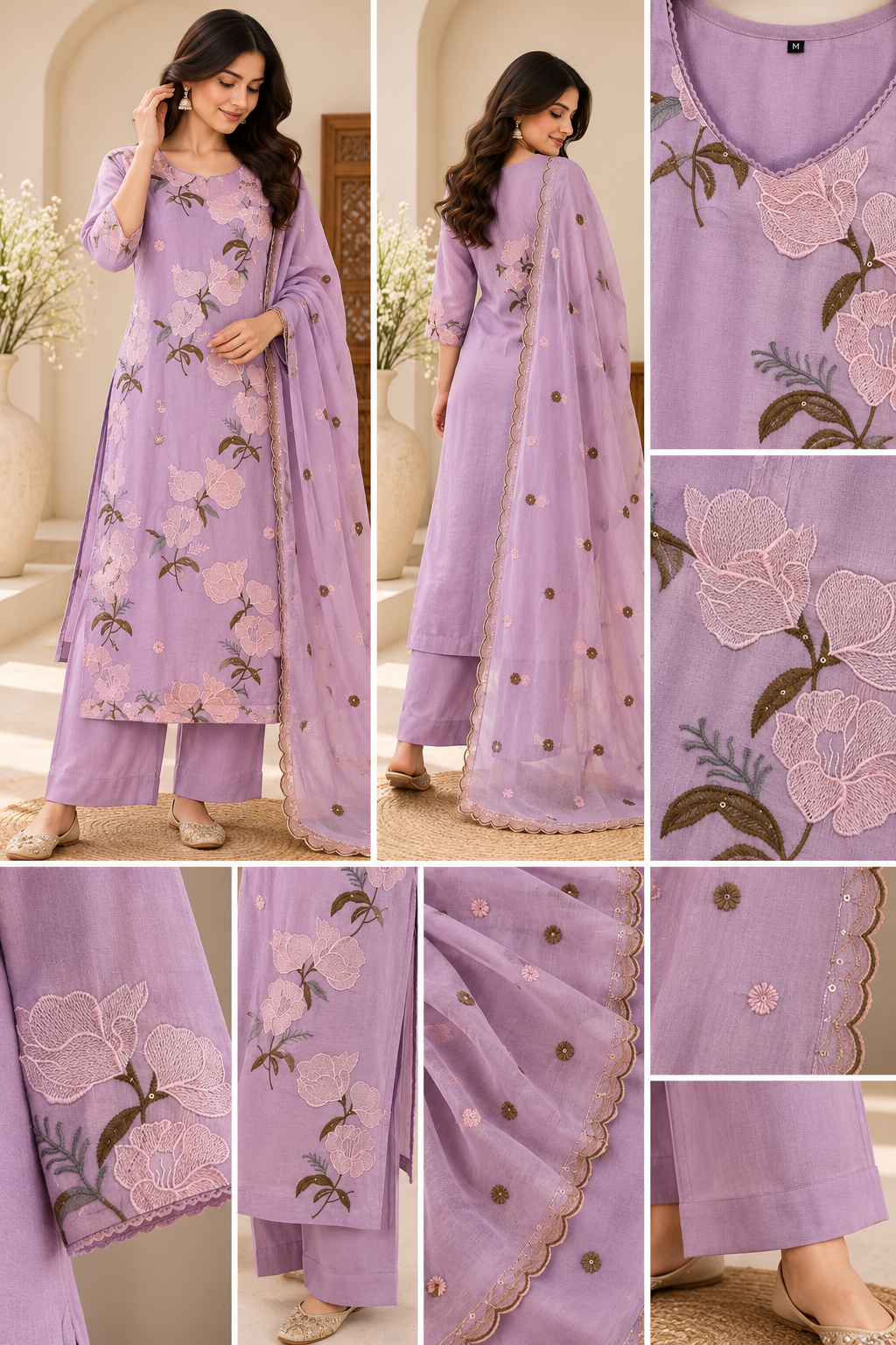 Zeravelle Lilac Bloom Embroidered 3-Piece Mul Crepe Churidar Set