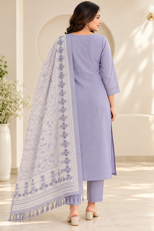 Lavender Bloom Mul Cotton Embroidered 3-Piece Churidar Set