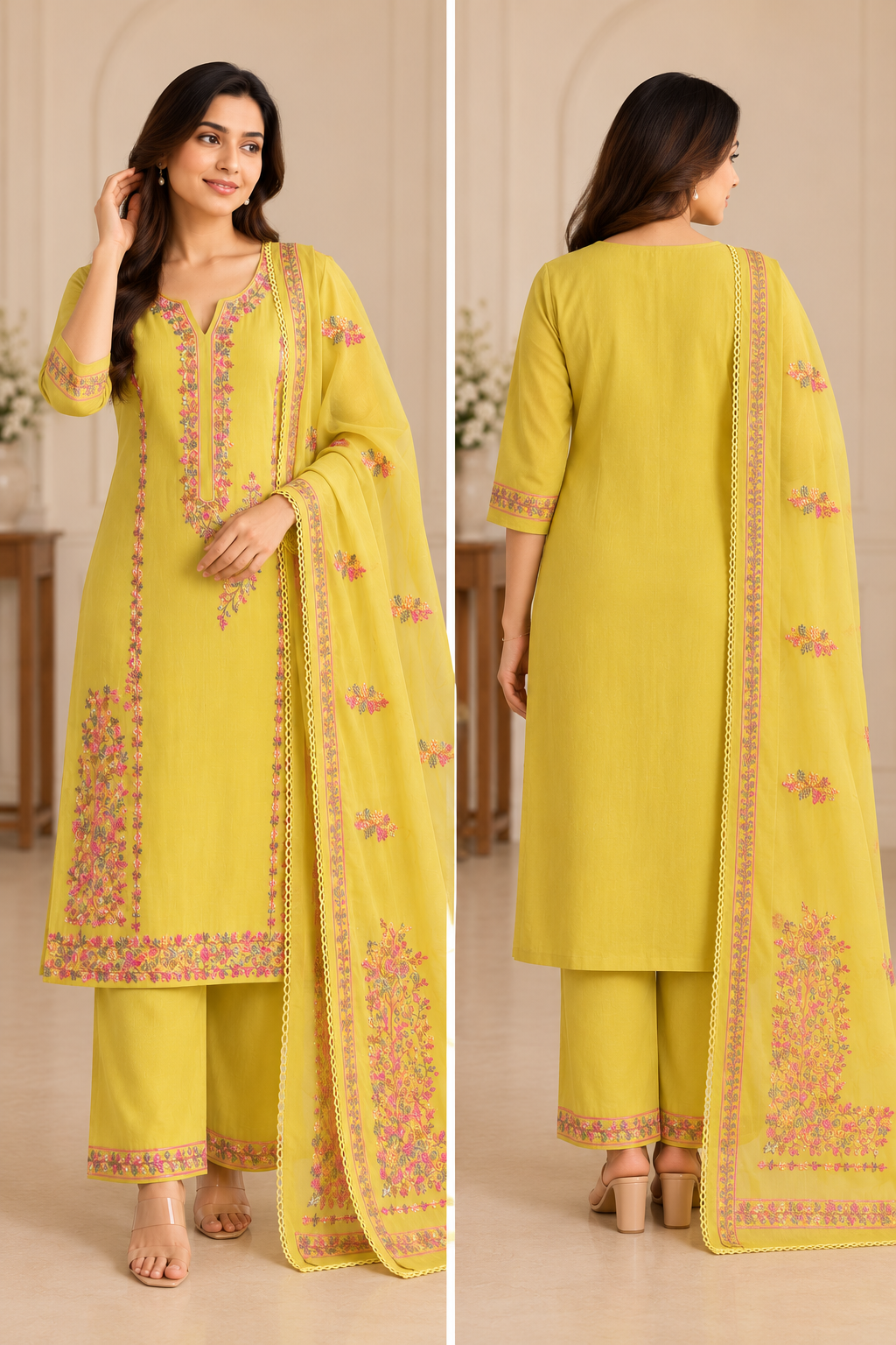 Zeravelle Meher Floral Embroidered 3-Piece Mul Chanderi Churidar Set – Lime Yellow