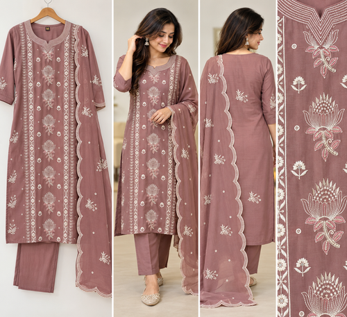 Zeravelle Dusty Rose Lotus Embroidered 3-Piece Churidar Set