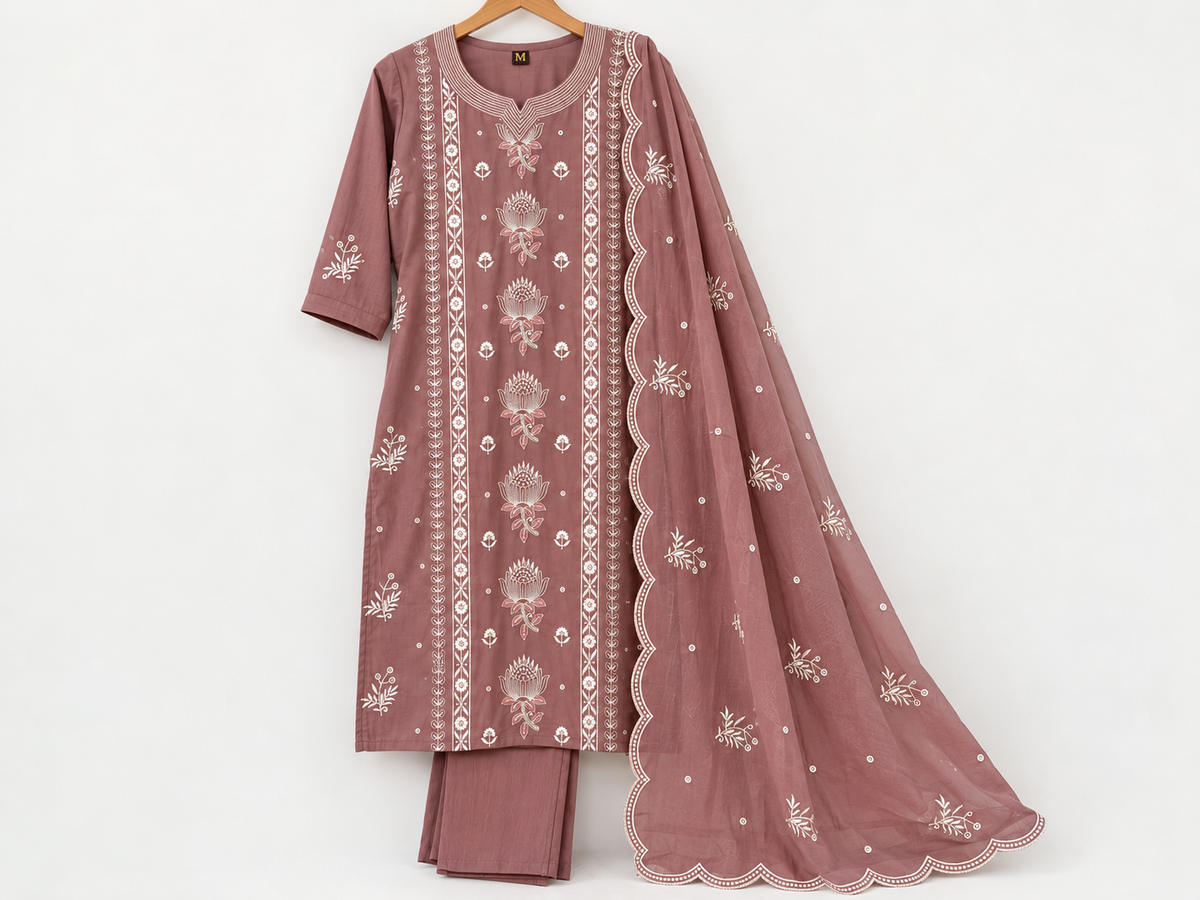 Zeravelle Dusty Rose Lotus Embroidered 3-Piece Churidar Set