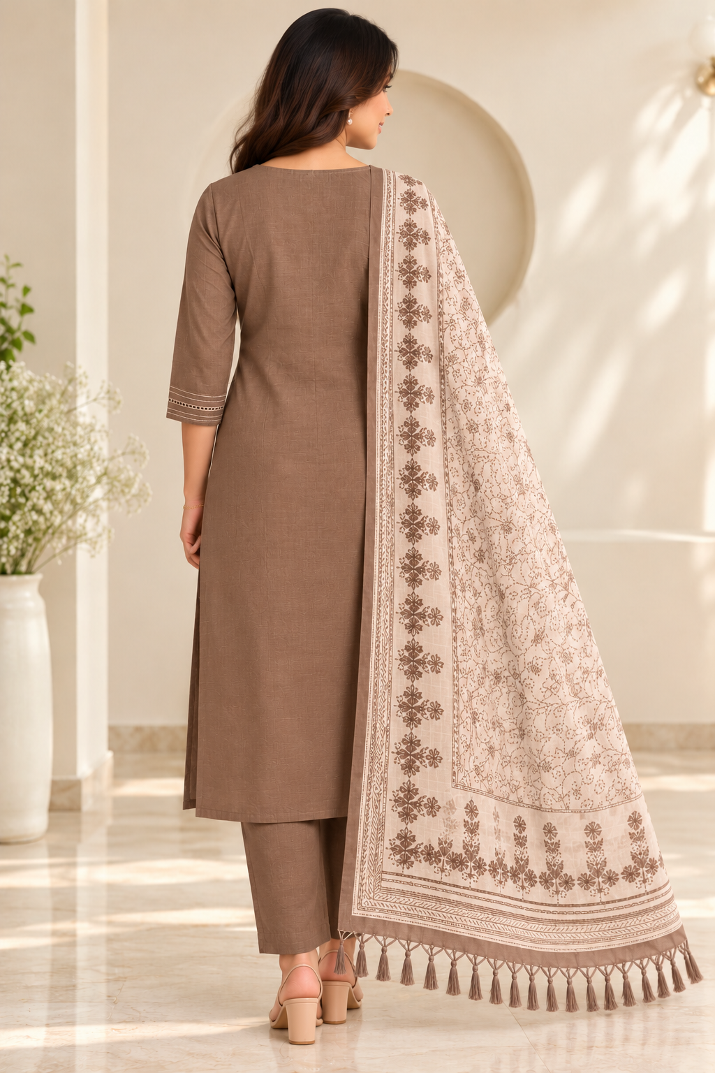 Chocolate Bloom Mul Cotton Embroidered 3-Piece Churidar Set