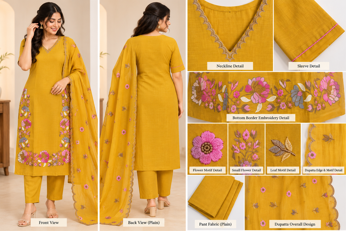 Zeravelle Mustard Bloom Mul Chanderi Party Wear Churidar Set