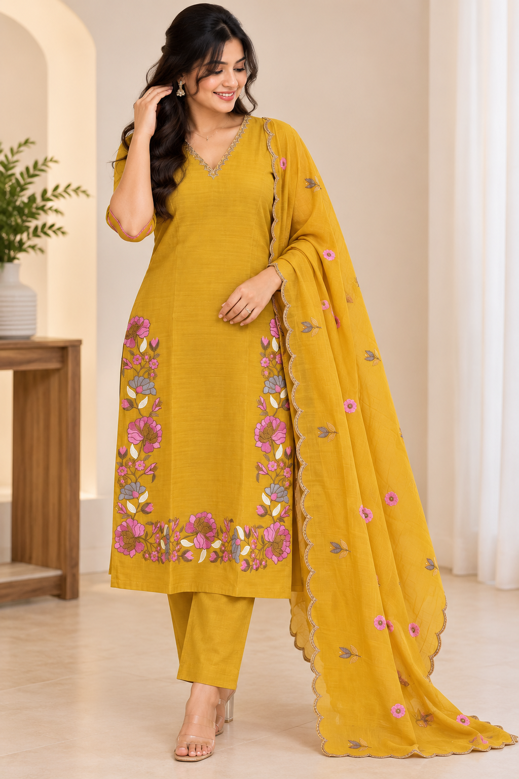 Zeravelle Mustard Bloom Mul Chanderi Party Wear Churidar Set