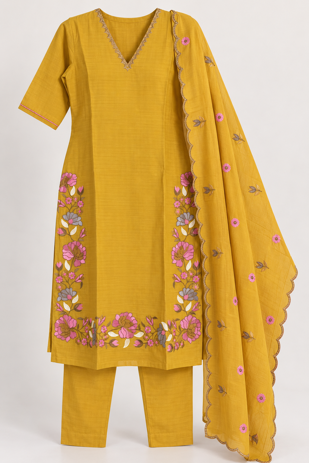 Zeravelle Mustard Bloom Mul Chanderi Party Wear Churidar Set