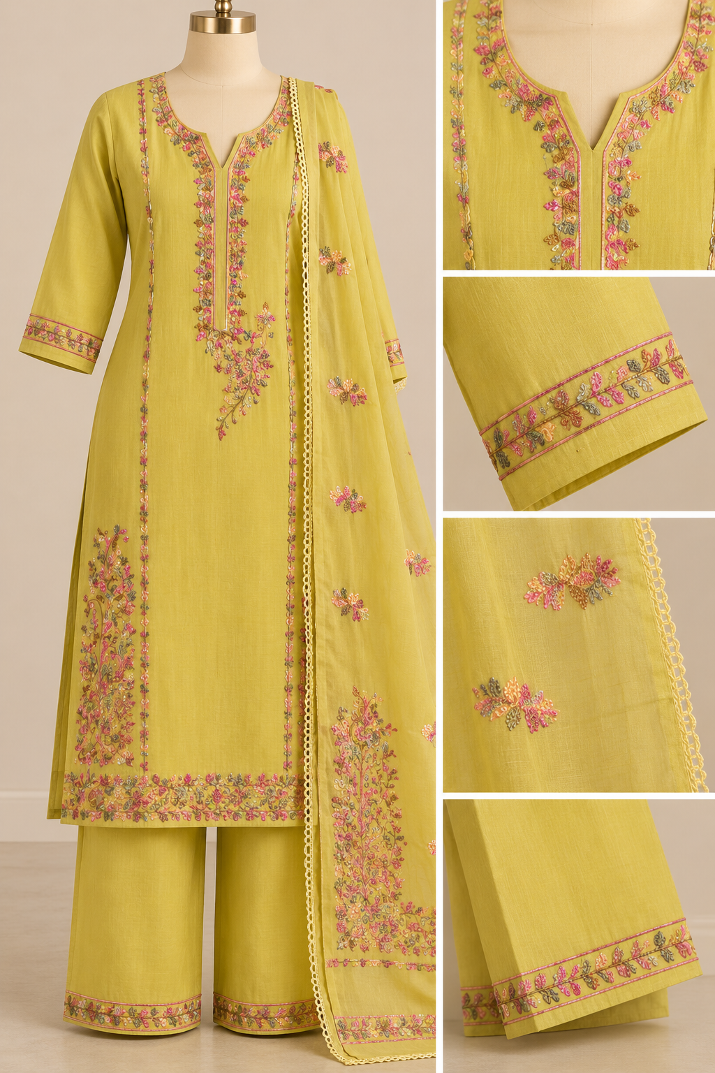 Zeravelle Meher Floral Embroidered 3-Piece Mul Chanderi Churidar Set – Lime Yellow