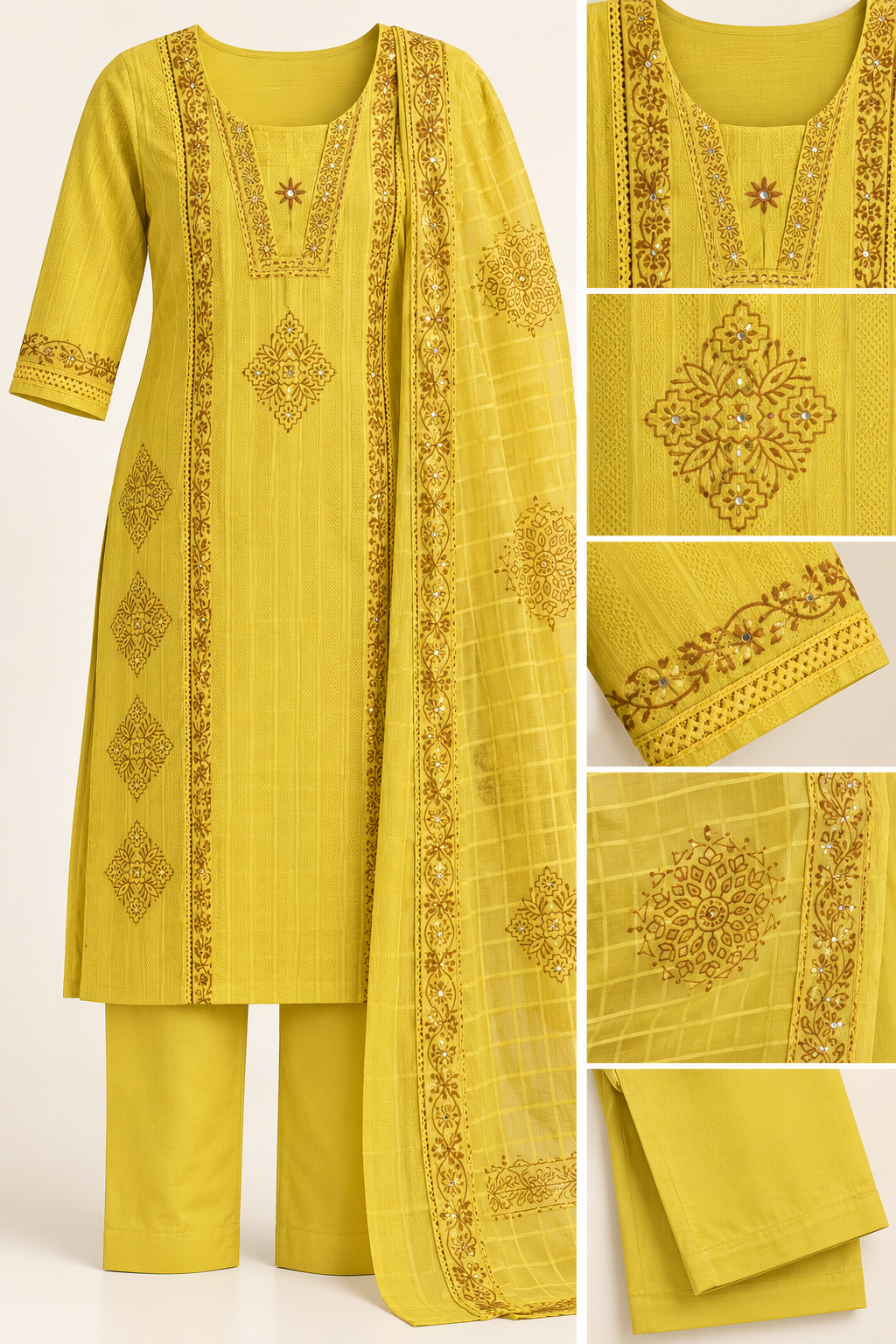 Zeravelle Golden Lime Cotton & Kota Check Churidar Set
