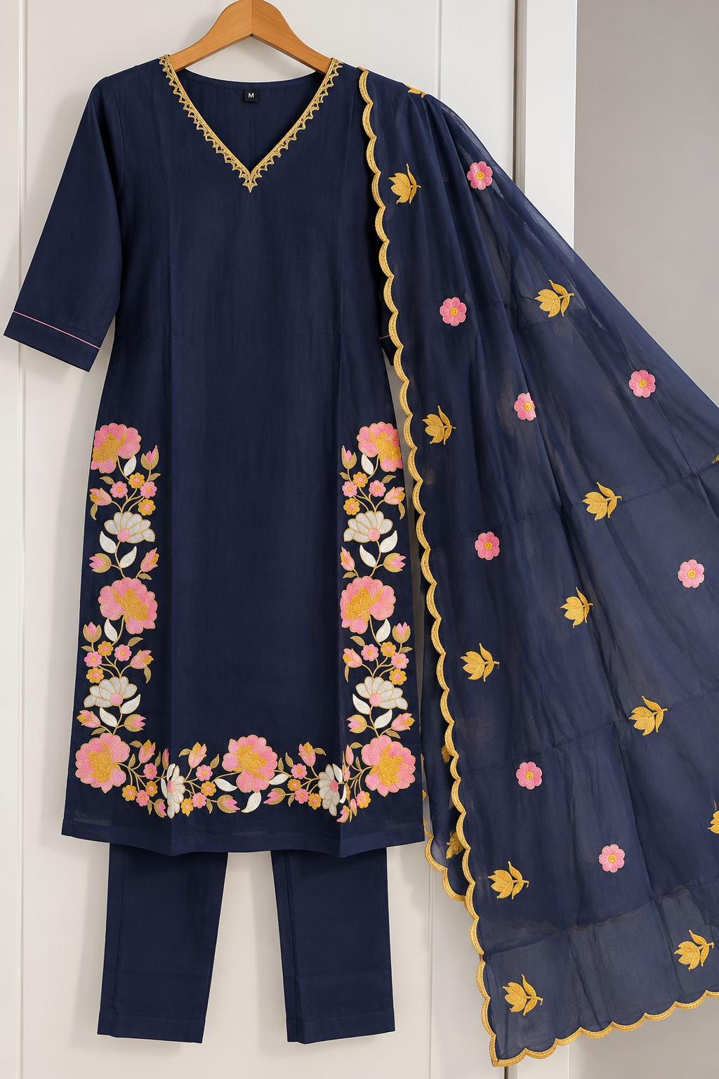 Zeravelle Midnight Navy Mul Chanderi Floral Embroidered Party Wear Churidar Set