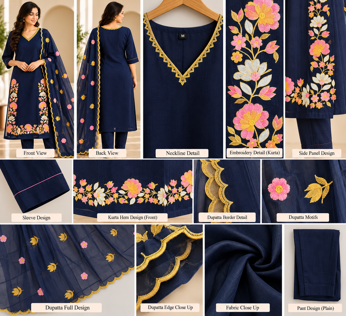 Zeravelle Midnight Navy Mul Chanderi Floral Embroidered Party Wear Churidar Set