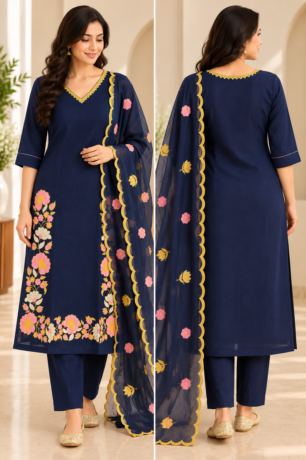 Zeravelle Midnight Navy Mul Chanderi Floral Embroidered Party Wear Churidar Set