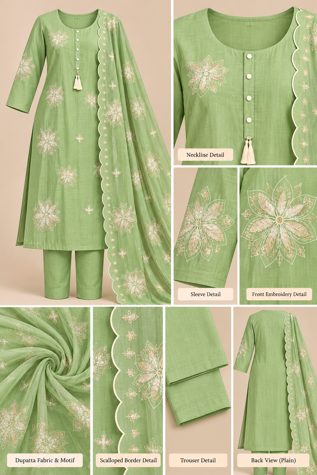 Zeravelle Pista Green Embroidered Mul Crepe Churidar Set