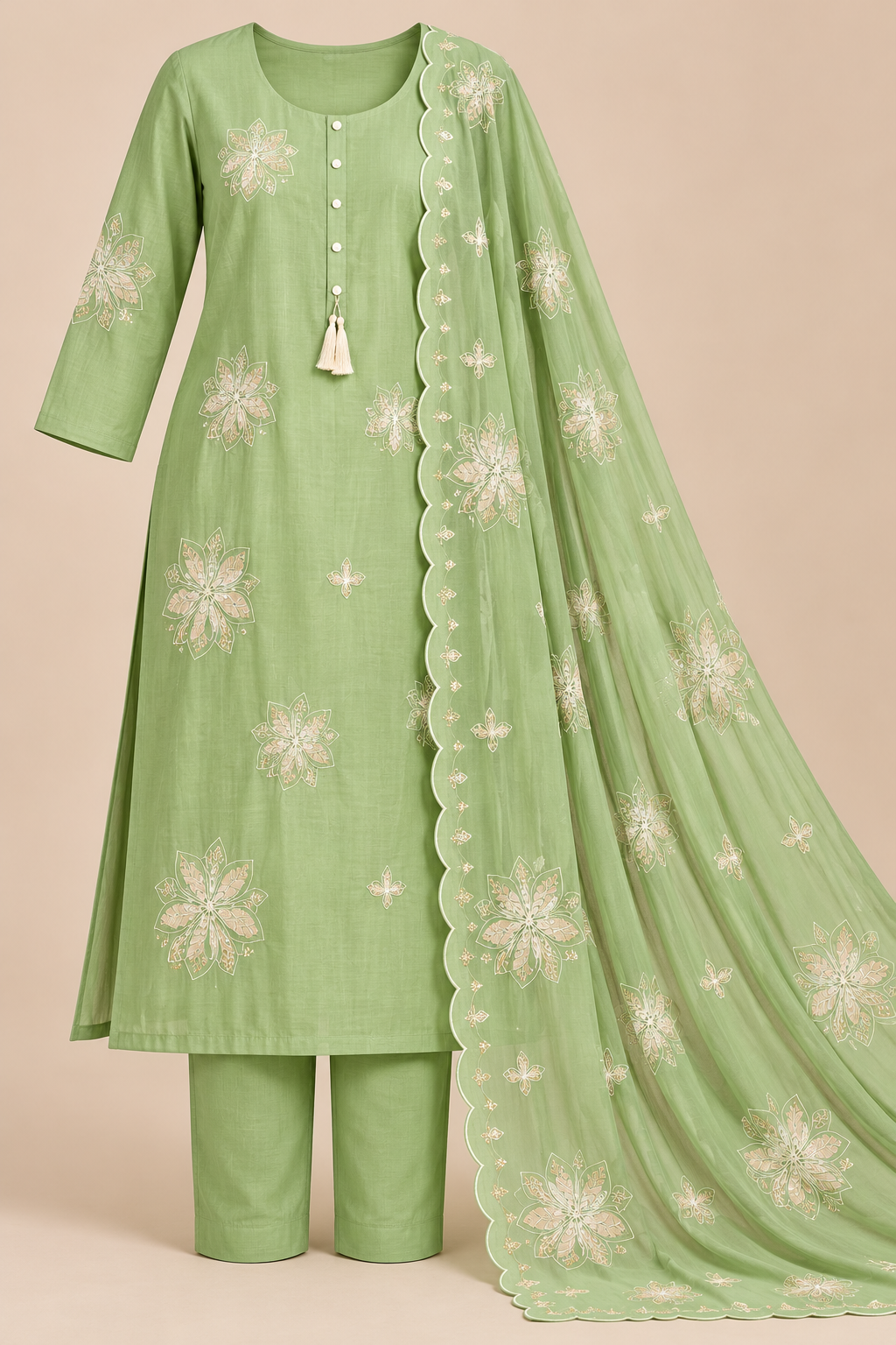 Zeravelle Pista Green Embroidered Mul Crepe Churidar Set