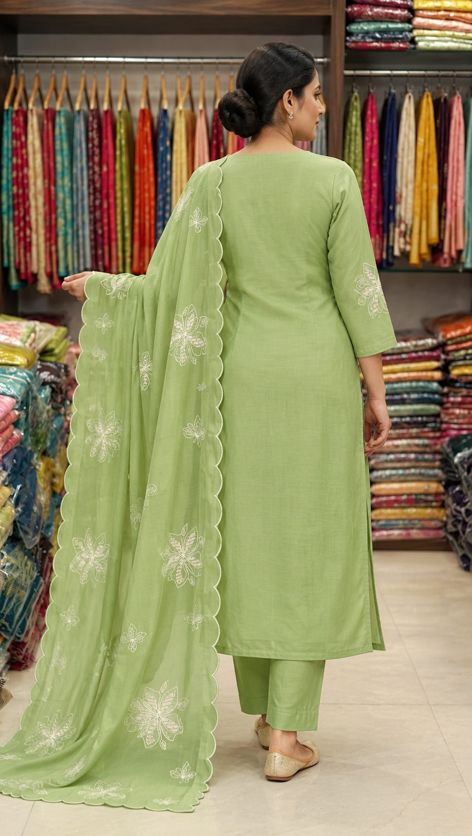 Zeravelle Pista Green Embroidered Mul Crepe Churidar Set