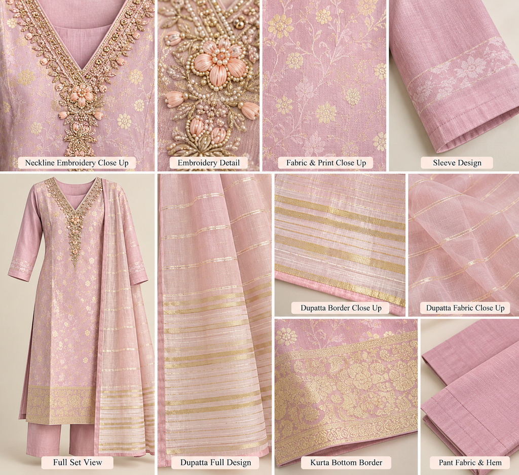 Zeravelle Blush Pink Banarasi Silk Embroidered Churidar Set