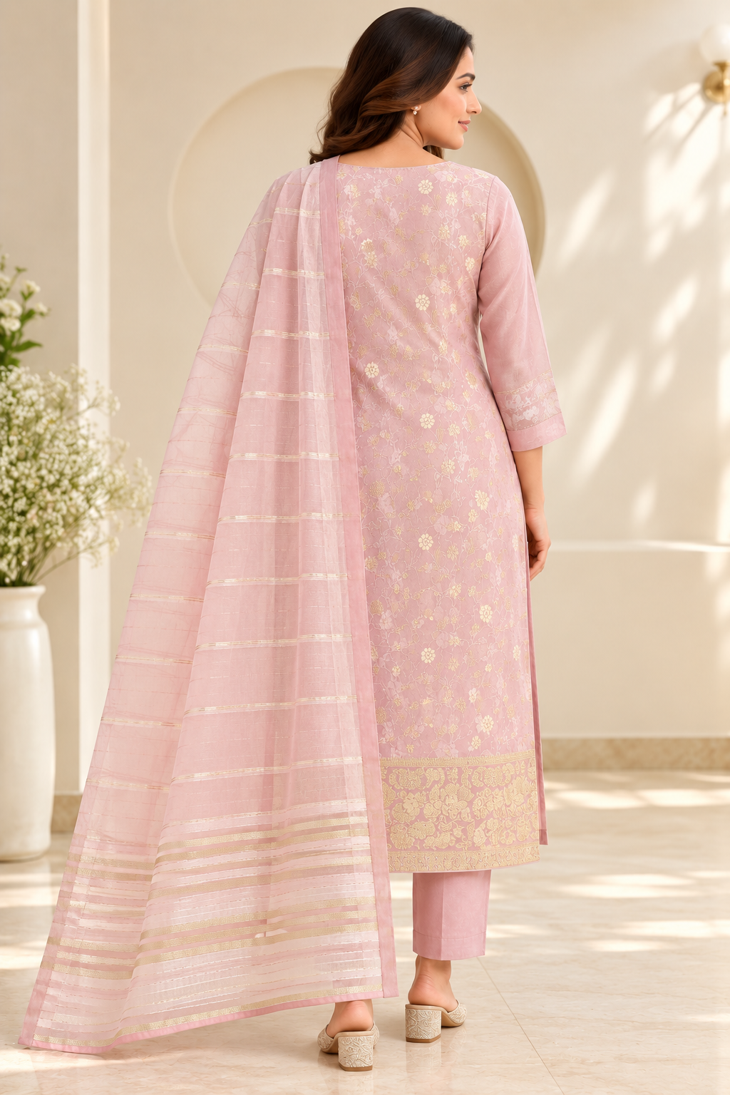 Zeravelle Blush Pink Banarasi Silk Embroidered Churidar Set