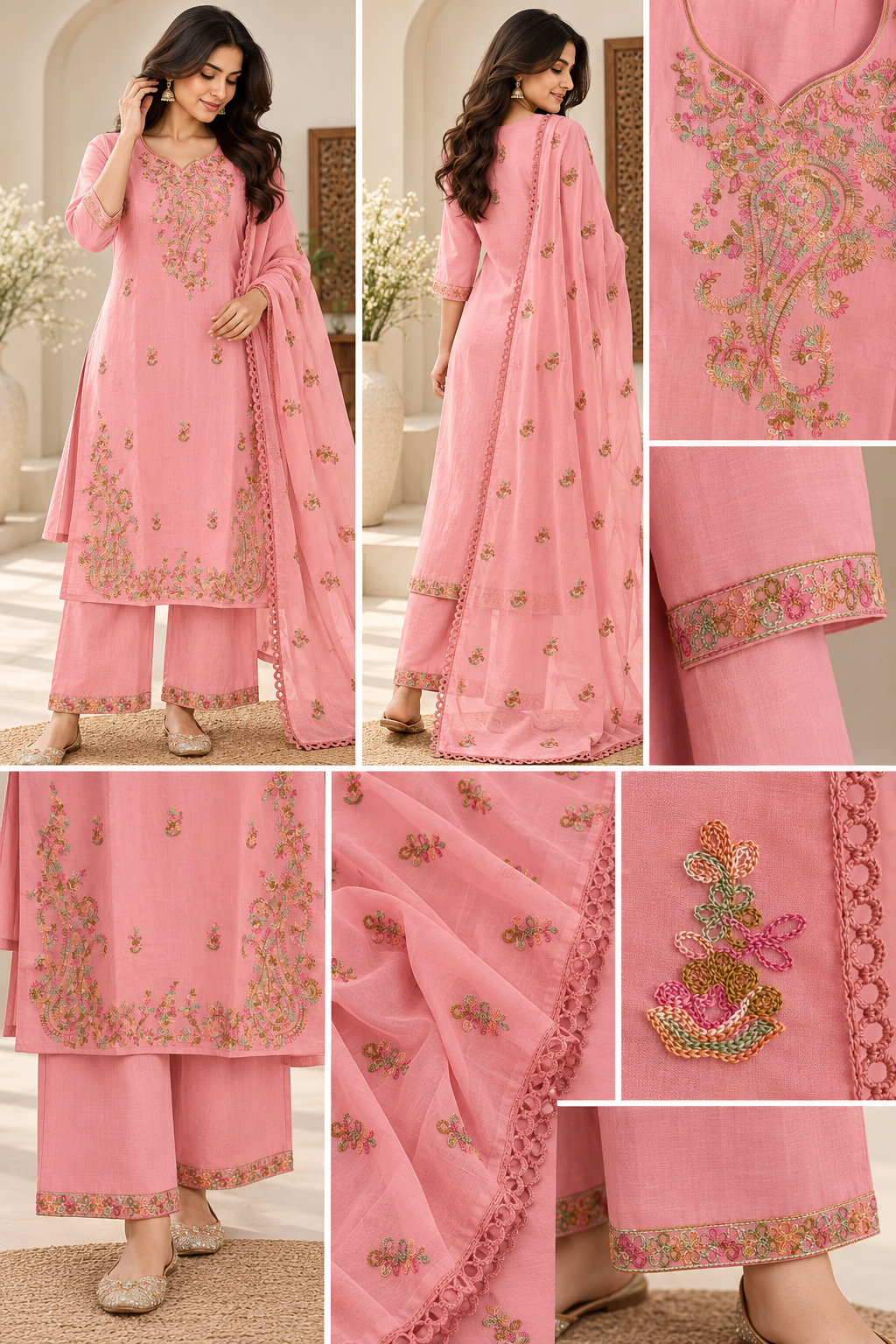 Baby Pink Mul Chanderi Churidar Set with Threadwork | Zeravelle
