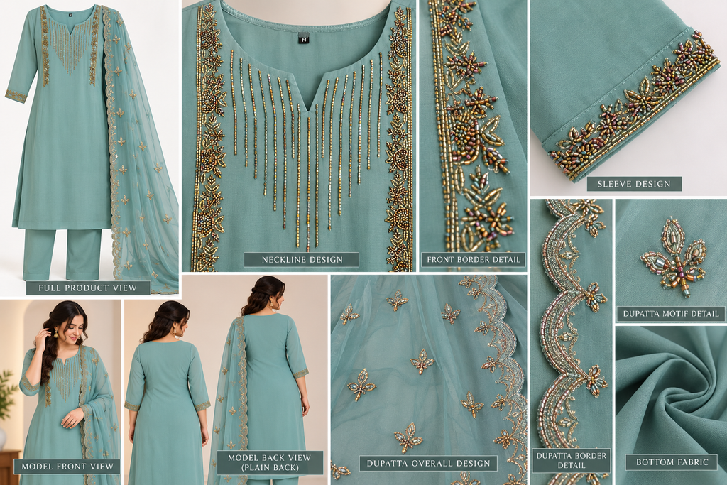 Zeravelle Pastel Teal Embroidered Georgette Churidar Set | Indian Ethnic Wear Ireland | Zeravelle