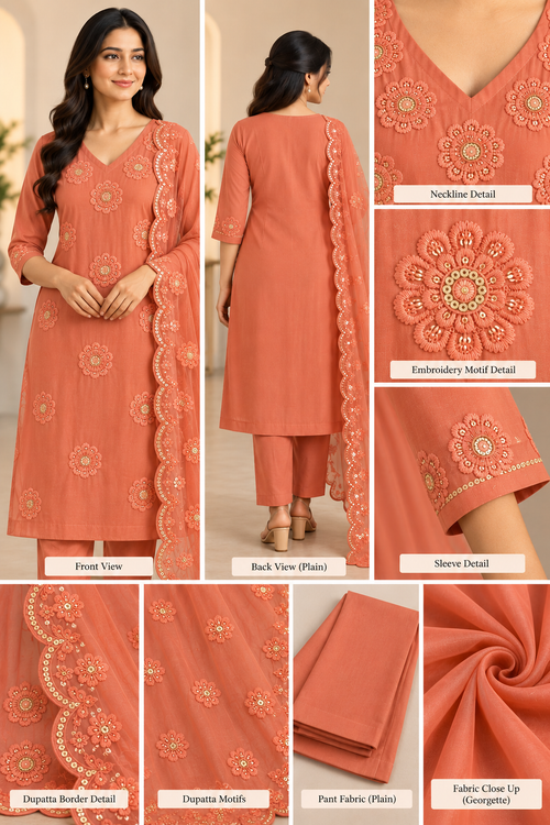 Coral Peach Georgette Embroidered Churidar Set