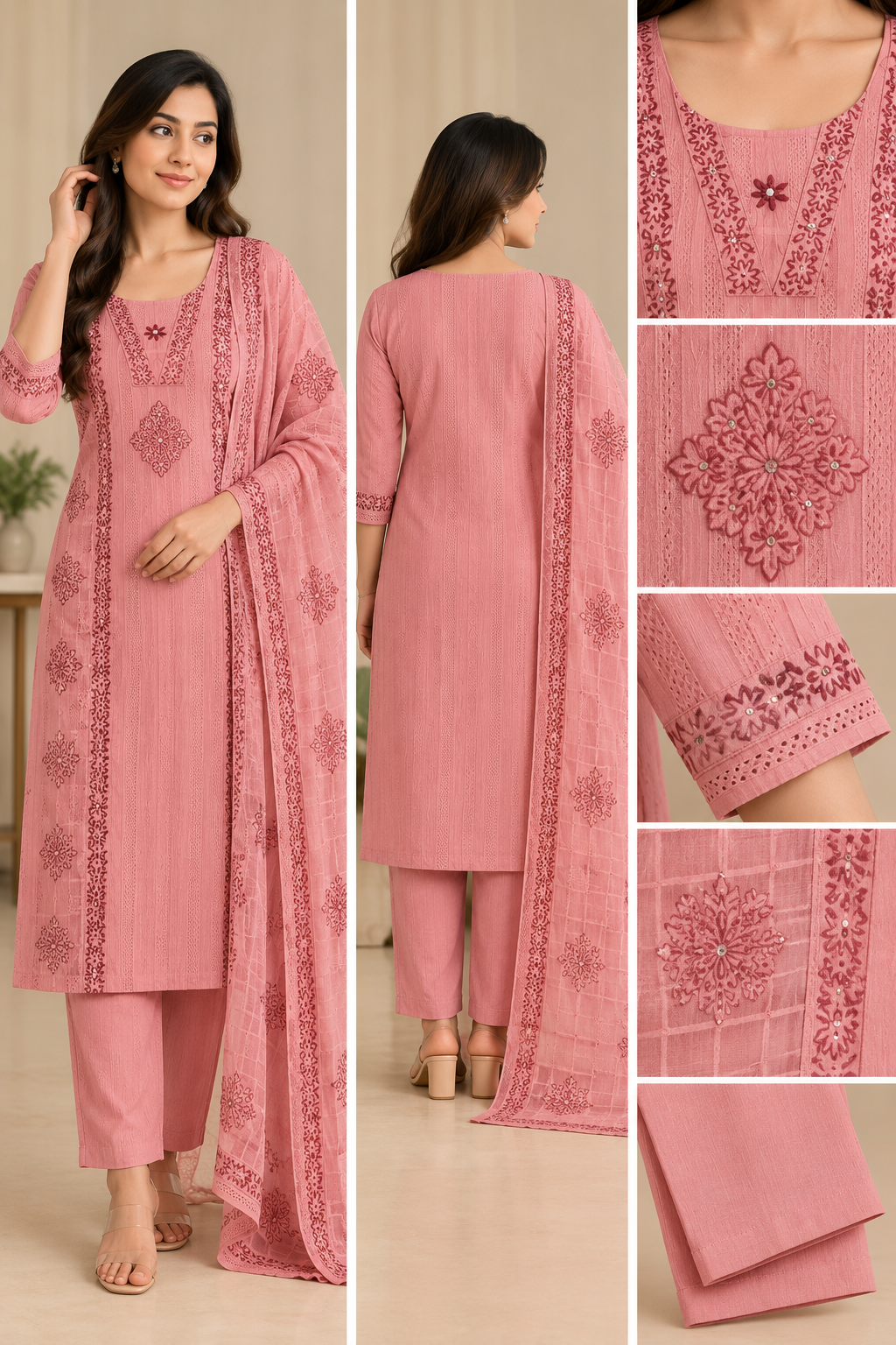 Zeravelle Rose Pink Cotton & Kota Check Churidar Set