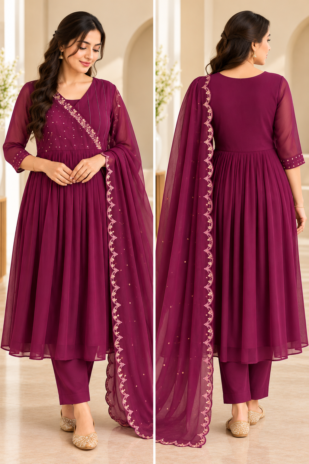 Zeravelle Wine Red Georgette Embellished Anarkali Set