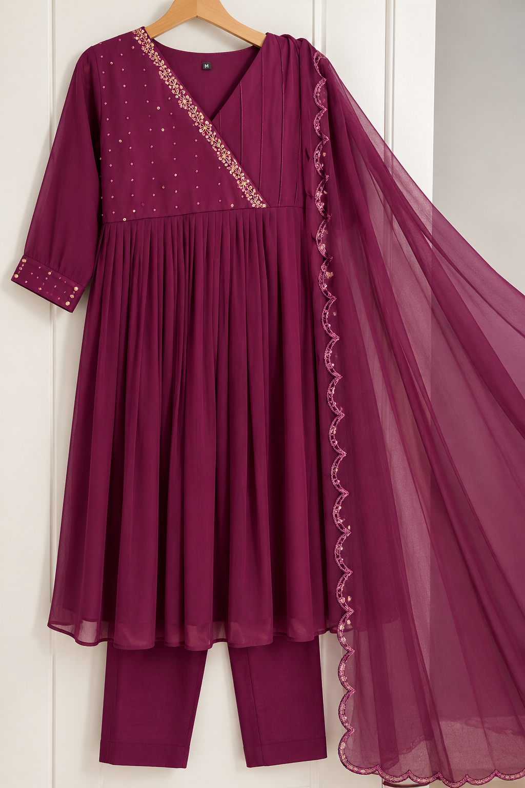 Zeravelle Wine Red Georgette Embellished Anarkali Set