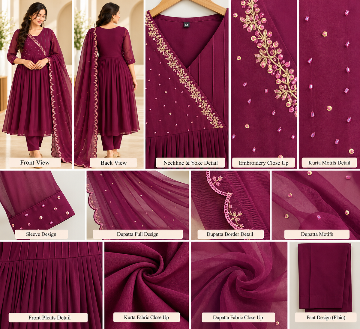 Zeravelle Wine Red Georgette Embellished Anarkali Set