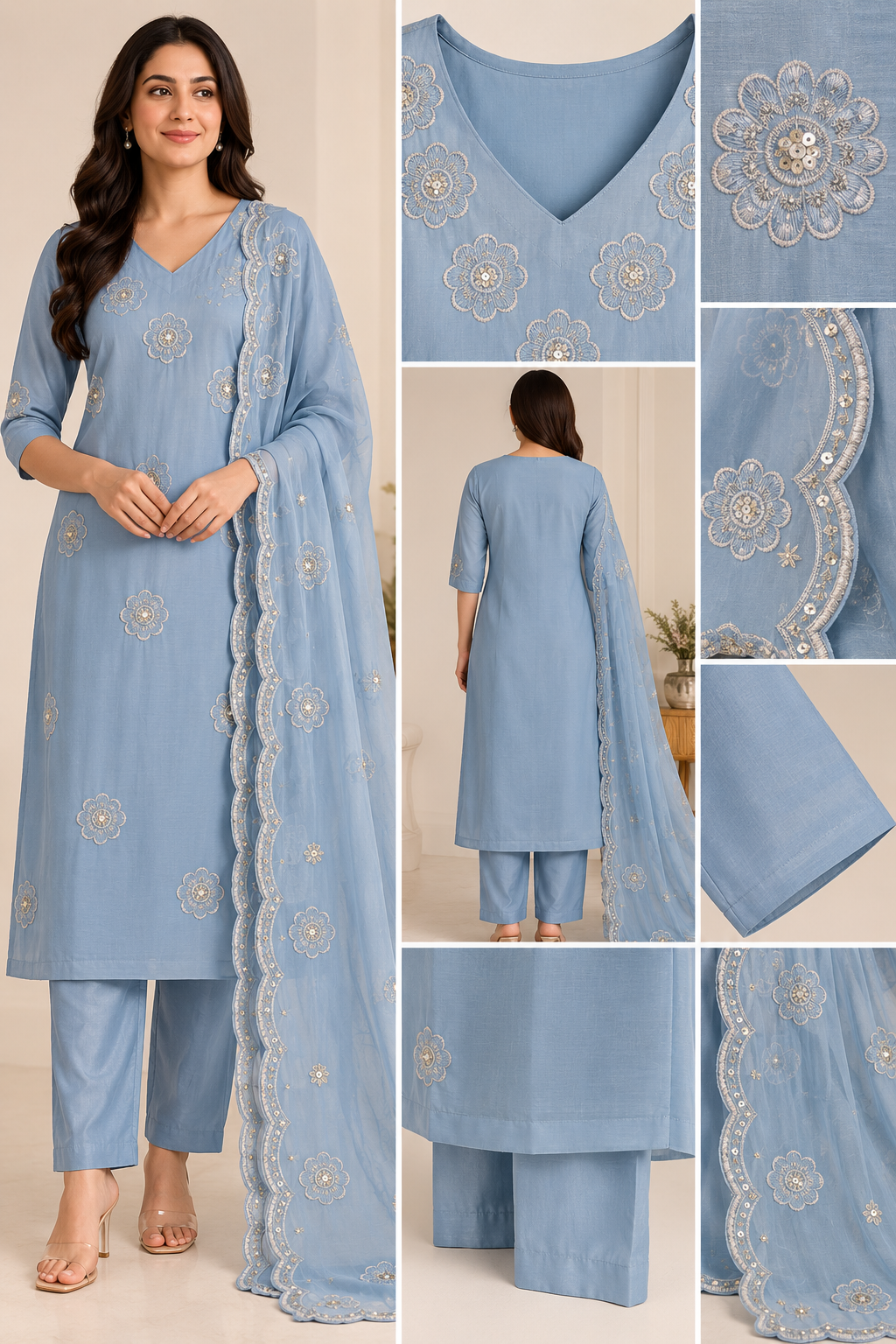 Zeravelle Powder Blue Floral Embroidered Mul Chanderi Party Wear Churidar Set