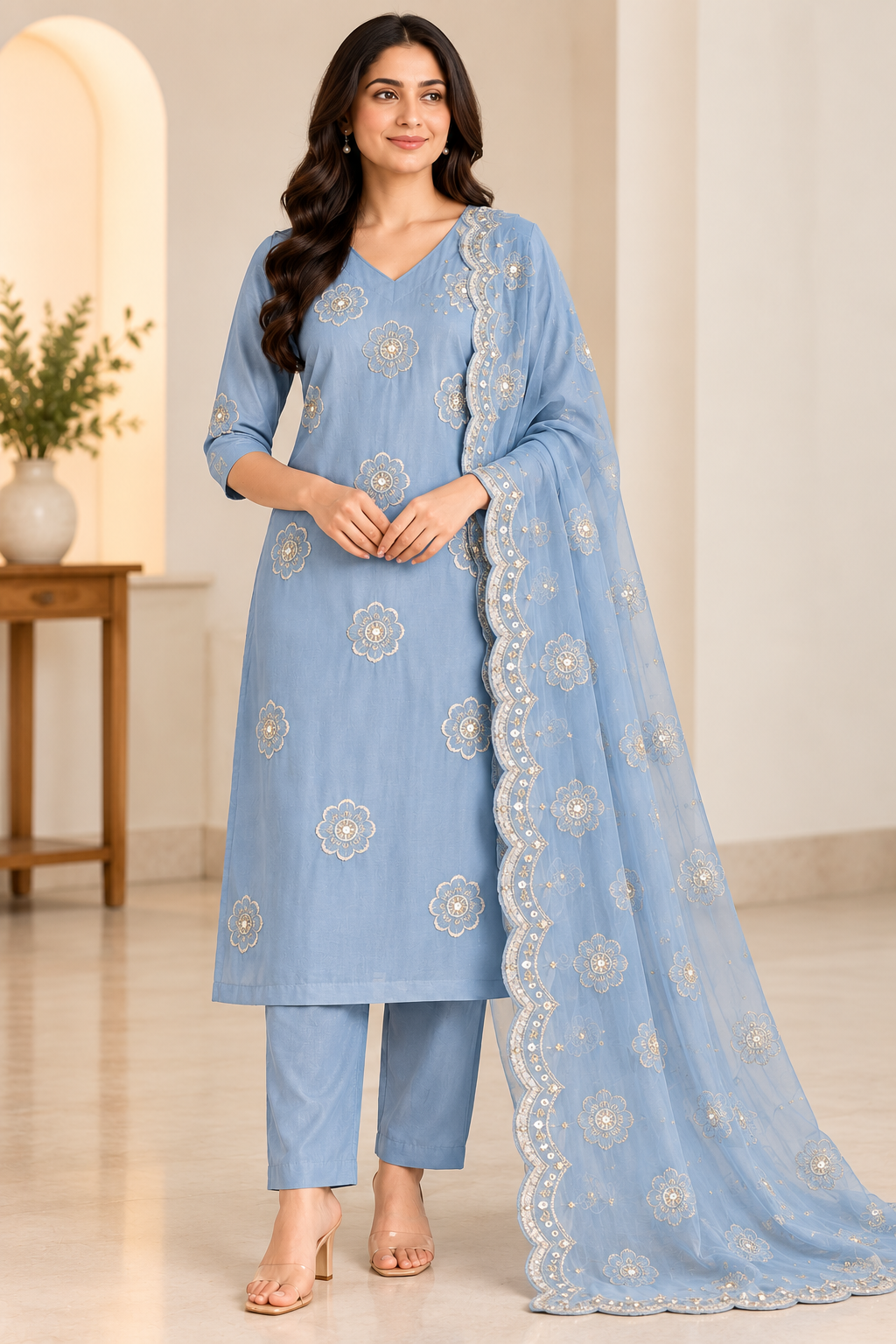 Zeravelle Powder Blue Floral Embroidered Mul Chanderi Party Wear Churidar Set