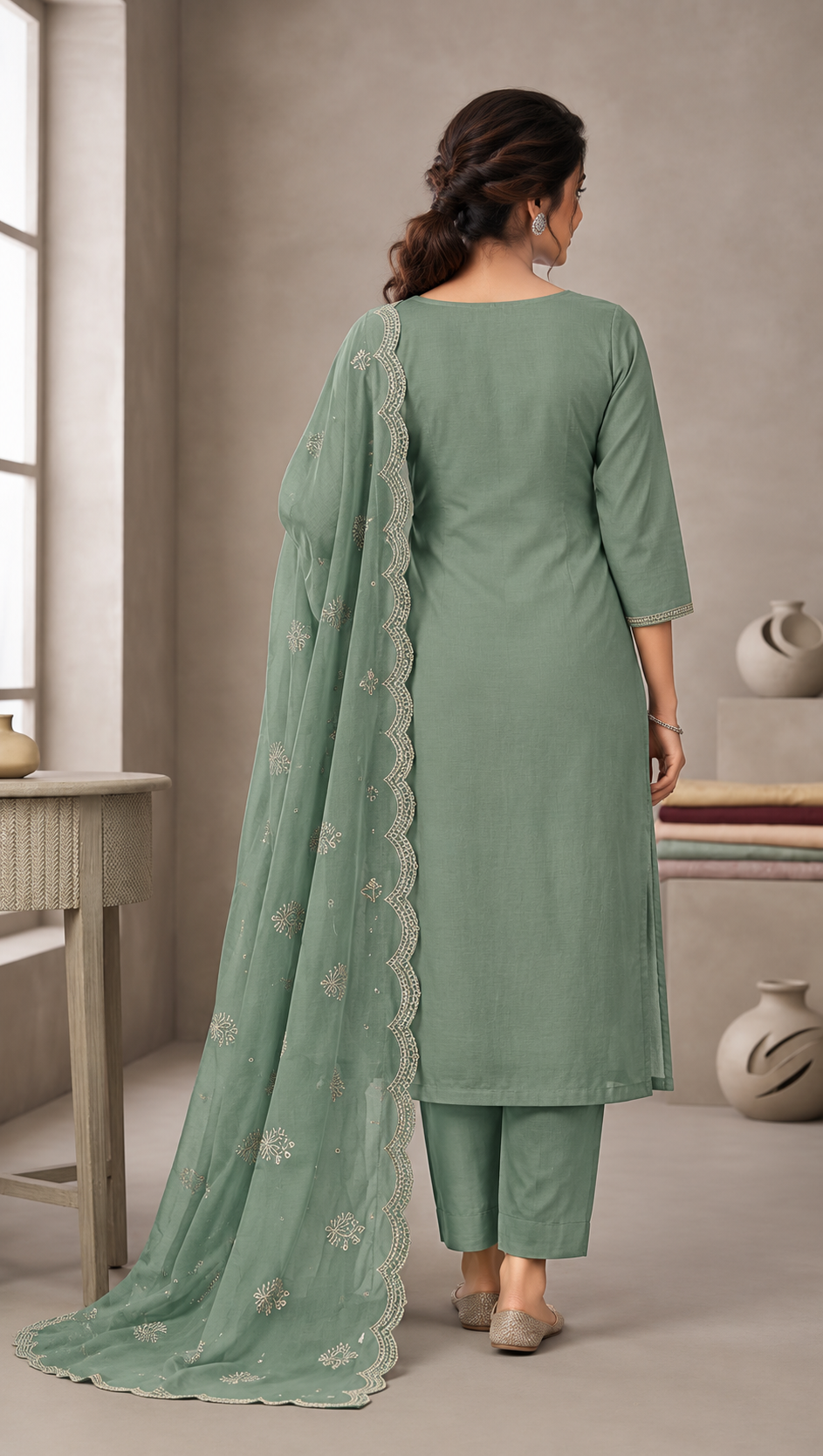 Zeravelle Sage Green Embroidered Churidar Set