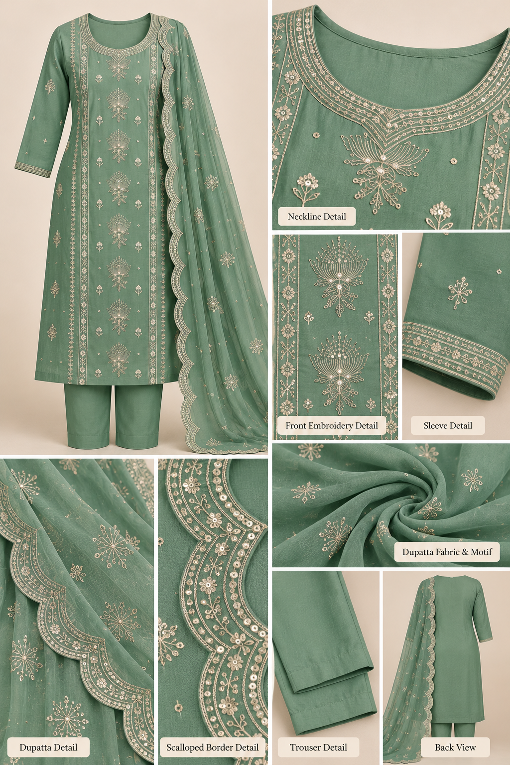 Zeravelle Sage Green Embroidered Churidar Set