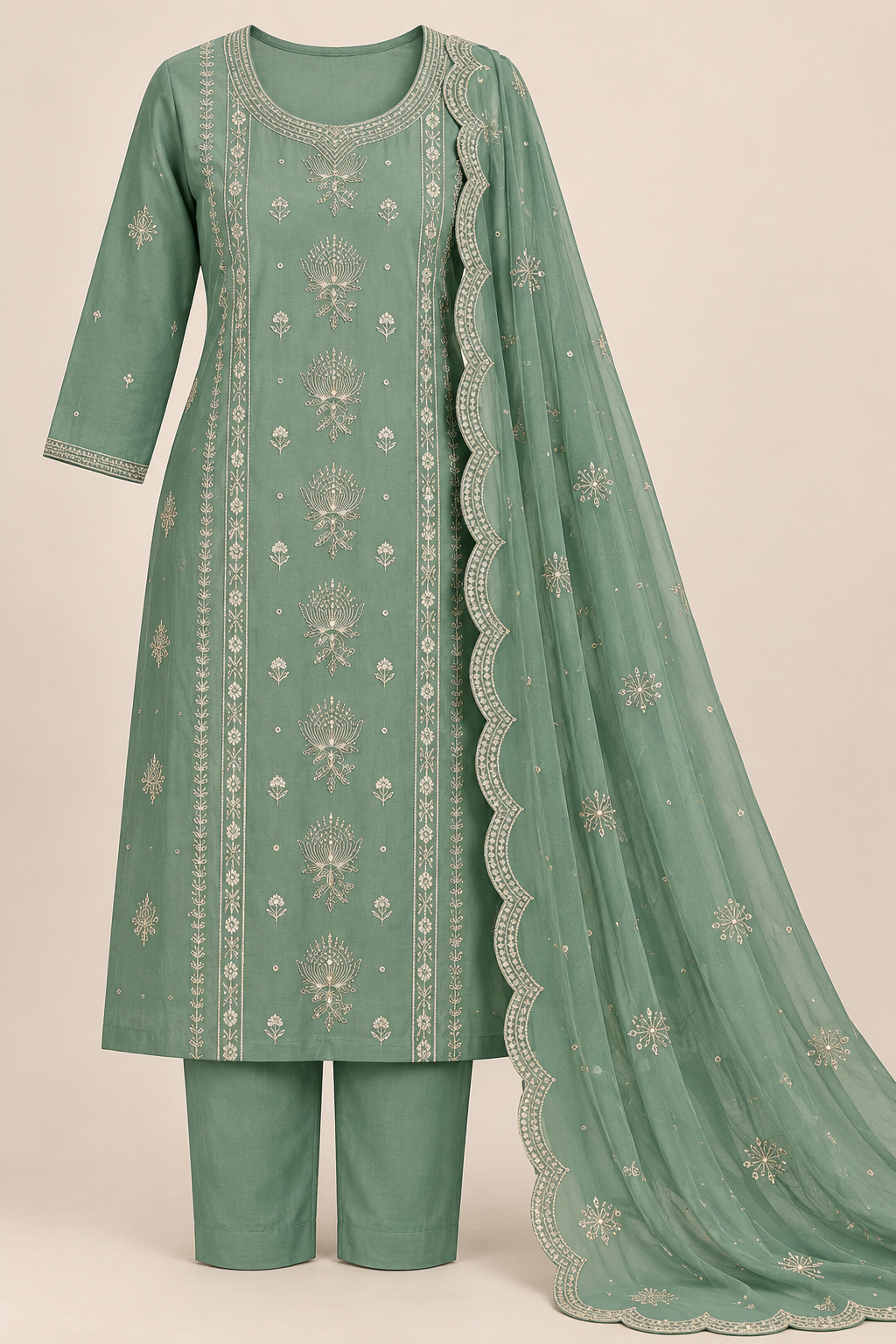 Zeravelle Sage Green Embroidered Churidar Set