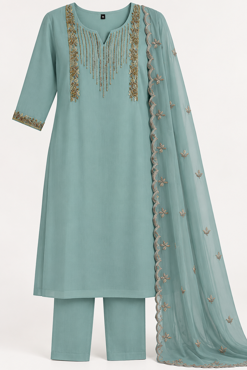Zeravelle Pastel Teal Embroidered Georgette Churidar Set
