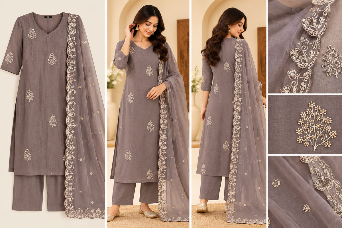 Zeravelle Mocha Mist Nice Silk Embroidered 3-Piece Churidar Set