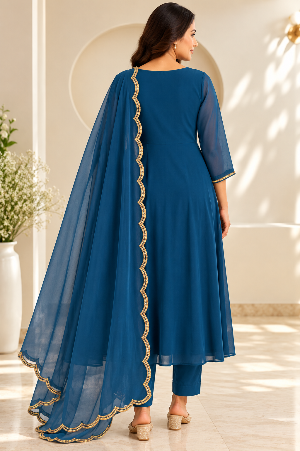 Zeravelle Peacock Blue Georgette Embellished Anarkali Set