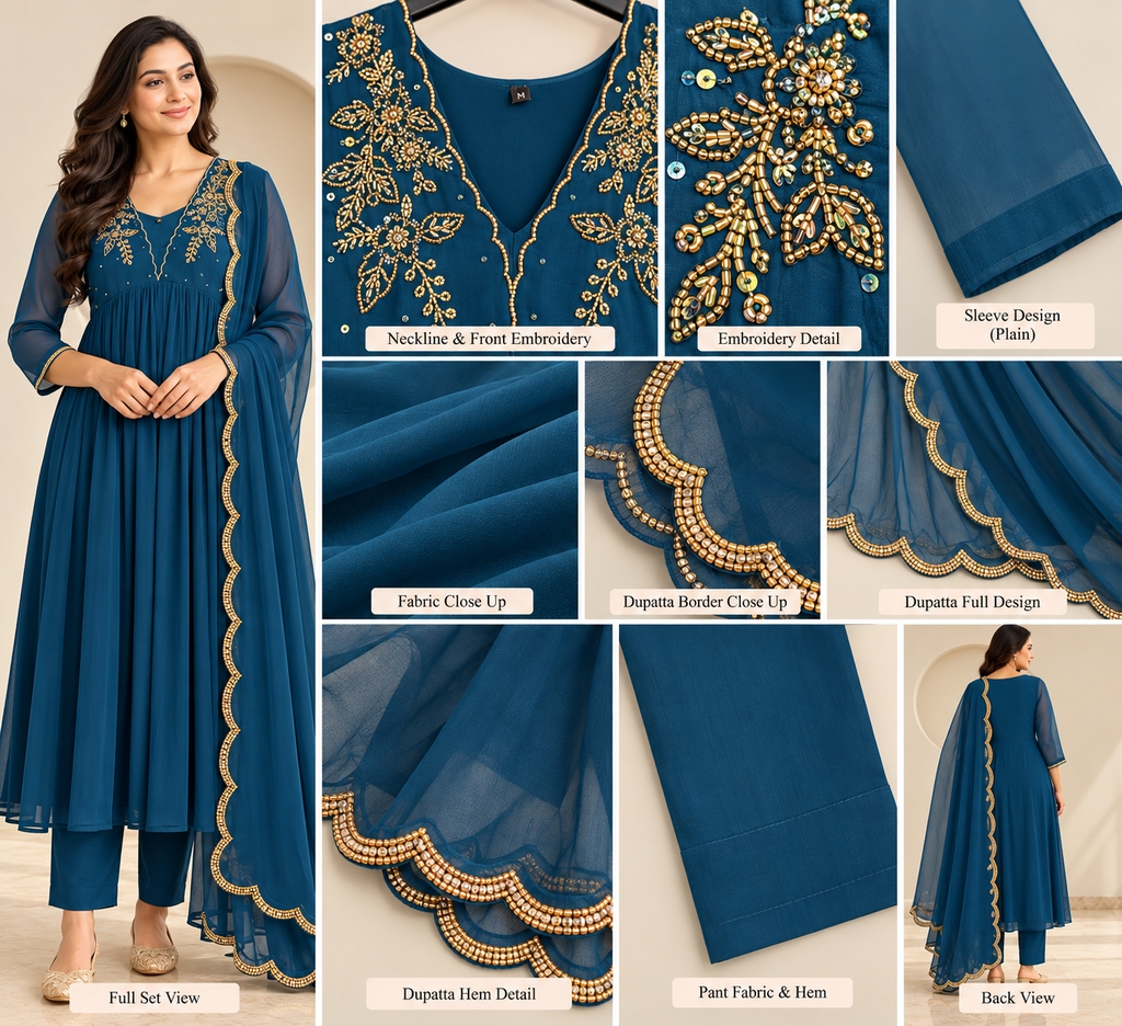 Zeravelle Peacock Blue Georgette Embellished Anarkali Set