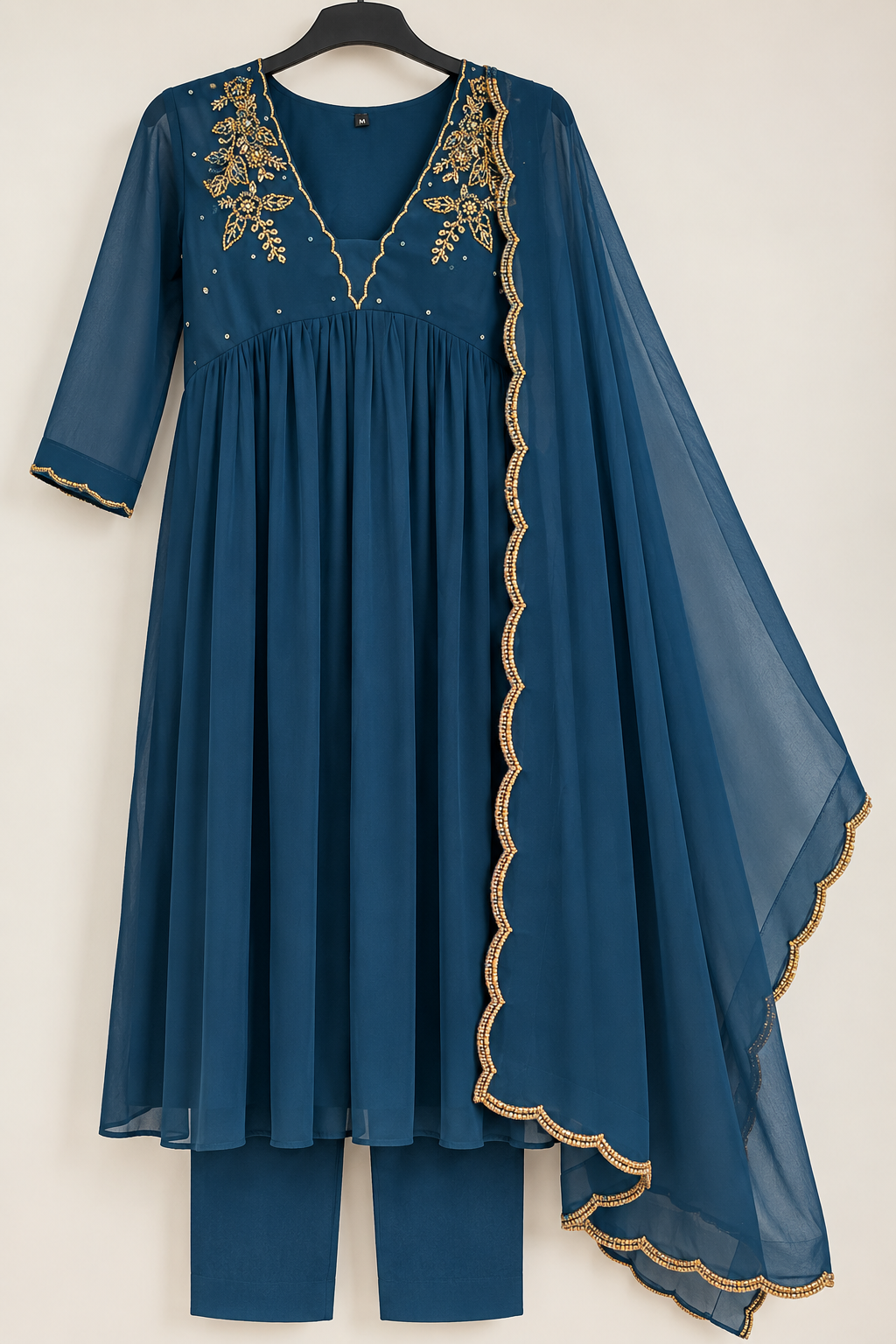 Zeravelle Peacock Blue Georgette Embellished Anarkali Set