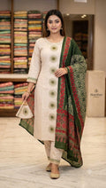 Zeravelle Ivory Nice Silk Churidar Set with Multicolour Dupatta | Indian Ethnic Wear Ireland | Zeravelle