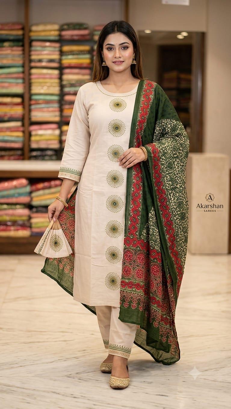 Zeravelle Ivory Nice Silk Churidar Set with Multicolour Dupatta