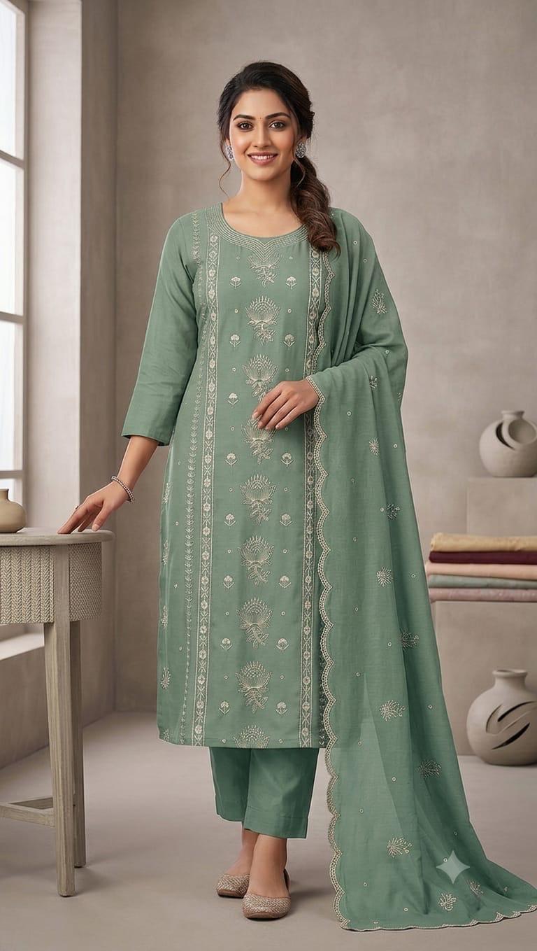 Zeravelle Sage Green Embroidered Churidar Set