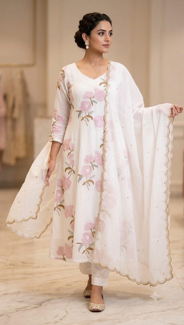 Zeravelle Ivory Blush Floral Embroidered Mul Crepe Churidar Set