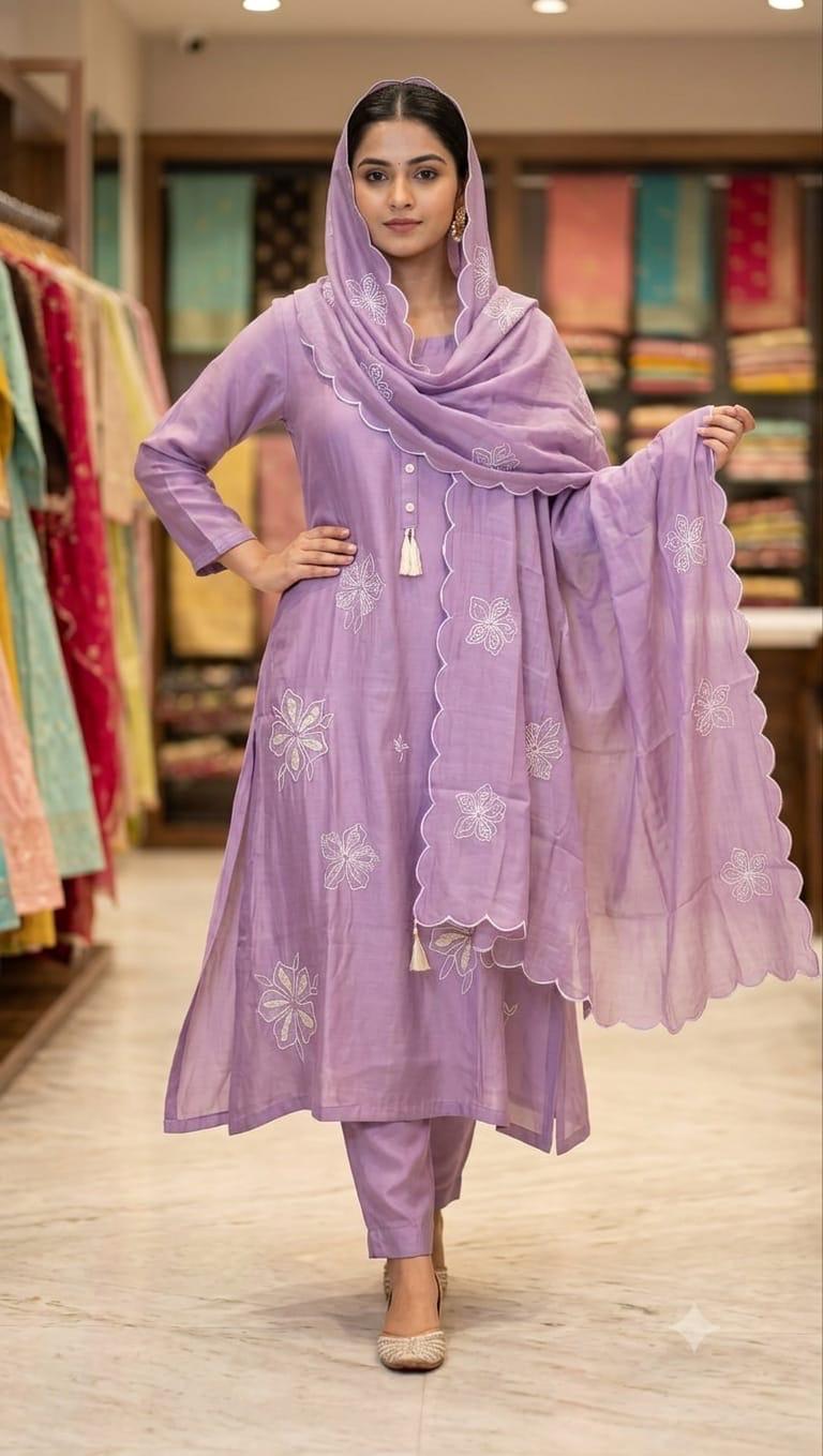 Zeravelle Lavender Embroidered Mul Crepe Churidar Set