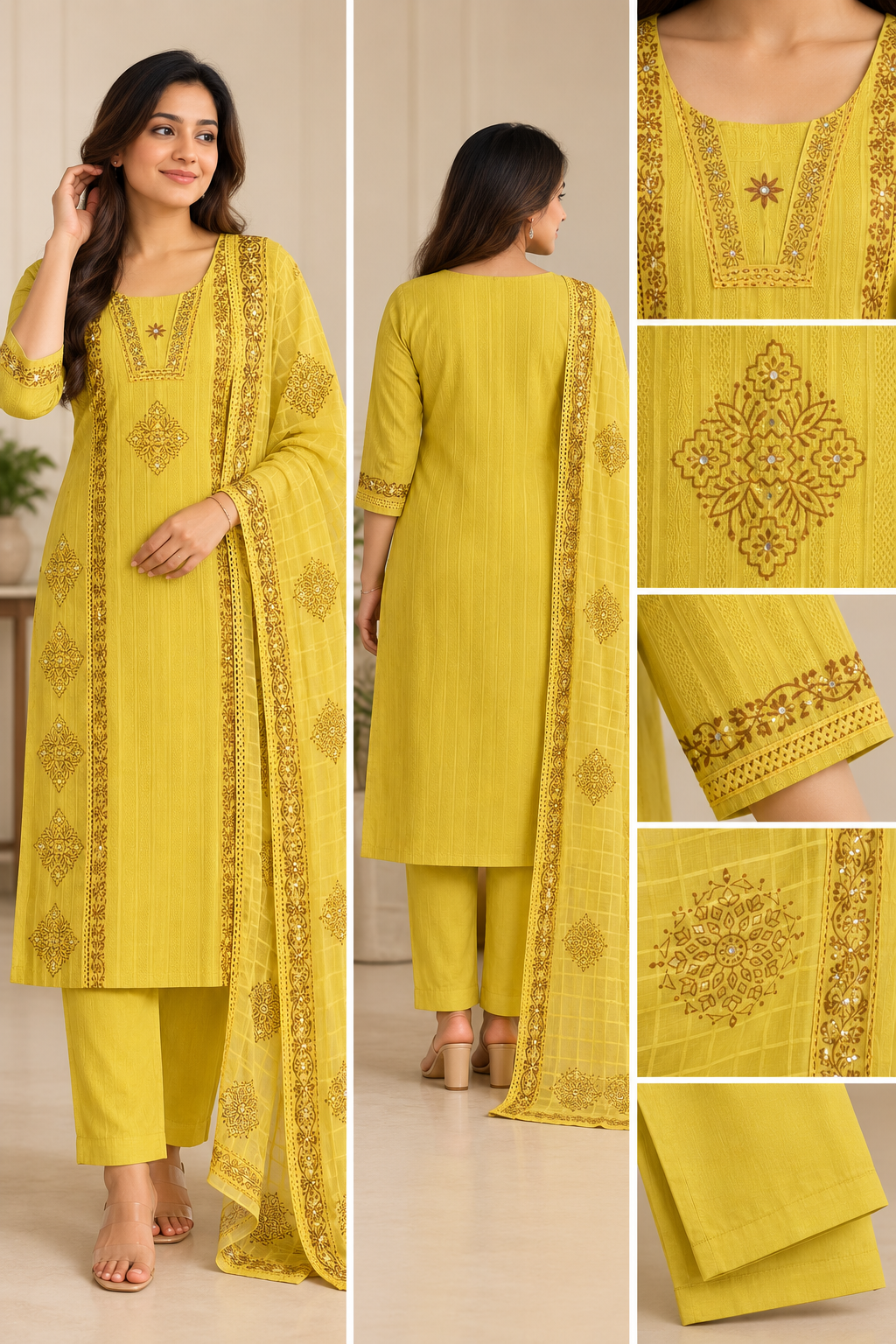 Zeravelle Golden Lime Cotton & Kota Check Churidar Set