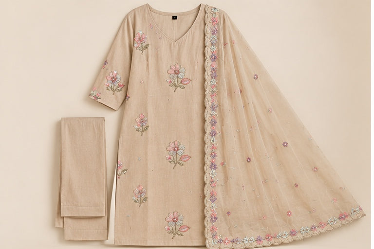 Zeravelle Champagne Blossom Embroidered 3-Piece Nice Silk Churidar Set