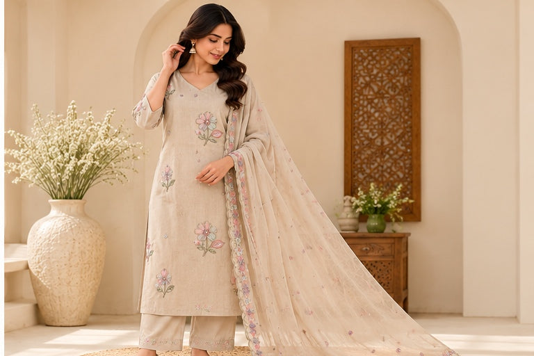 Zeravelle Champagne Blossom Embroidered 3-Piece Nice Silk Churidar Set