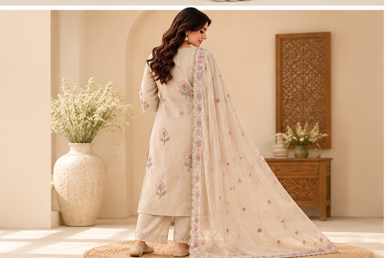 Zeravelle Champagne Blossom Embroidered 3-Piece Nice Silk Churidar Set