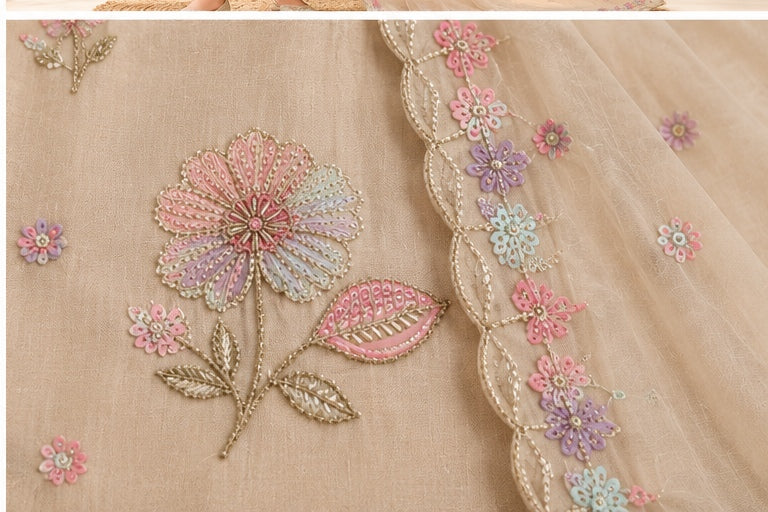 Zeravelle Champagne Blossom Embroidered 3-Piece Nice Silk Churidar Set